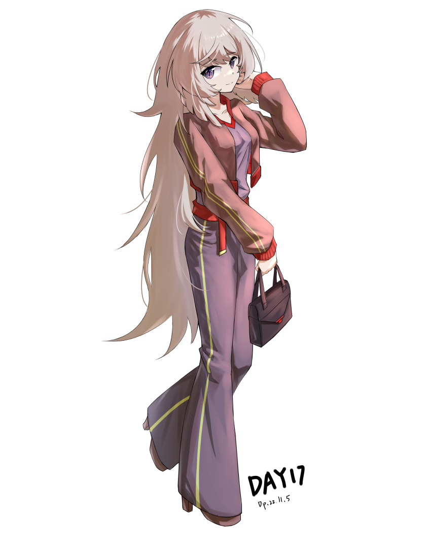1girl, absurdres, arknights, bag, bell-bottoms, black_bag, black_pants, black_shirt
