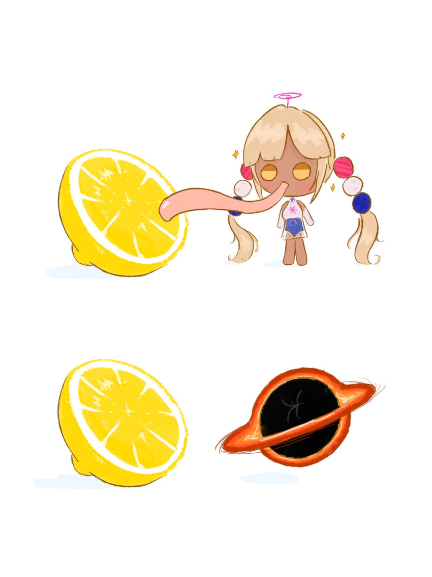 1girl, black_hole, blonde_hair, chibi, commentary, dark-skinned_female, dark_skin, english_commentary