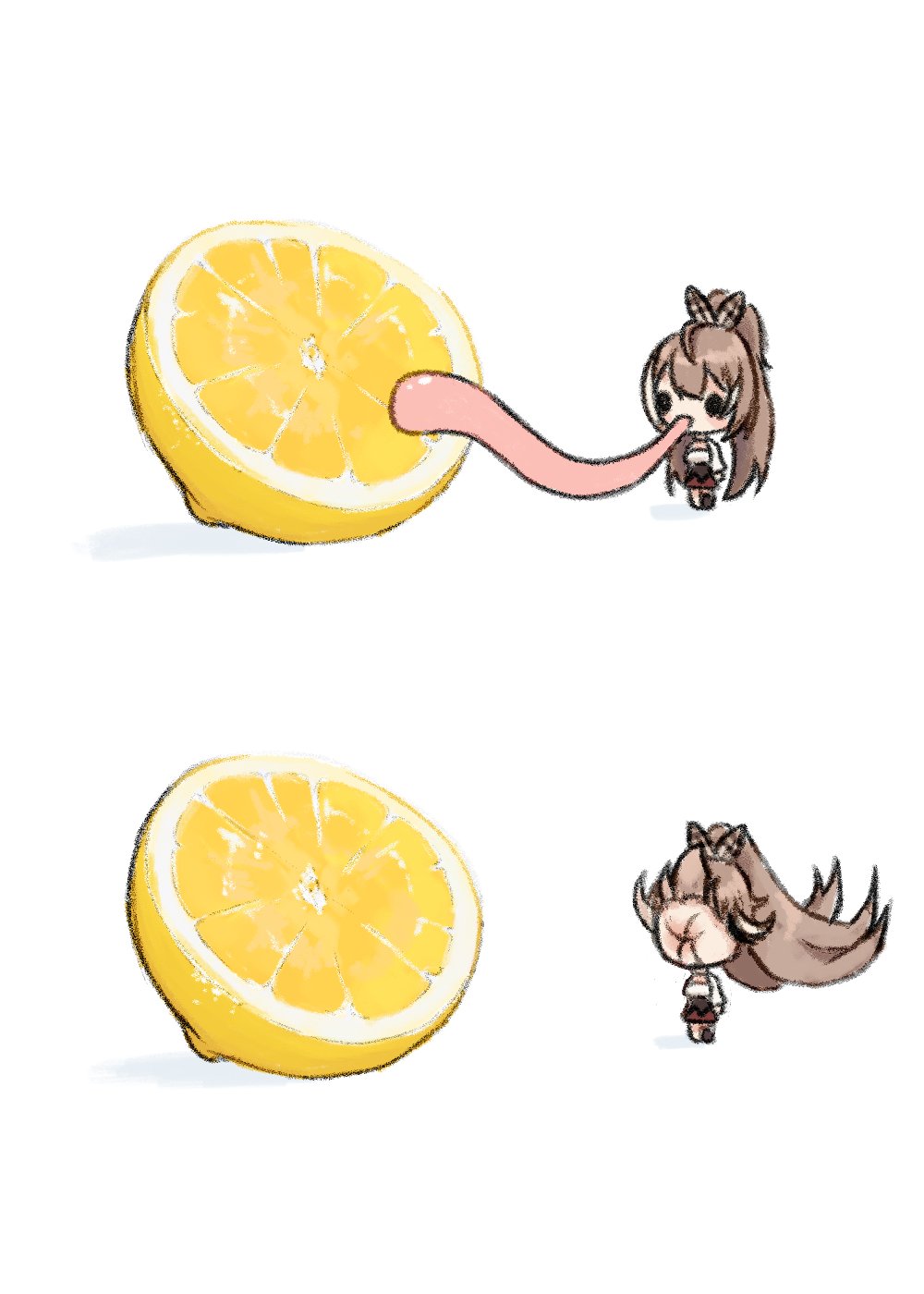 1girl, brown_hair, chibi, commentary, feather_hair_ornament, feathers, food, fruit, full_body, hair_ornament, highres, hololive, hololive_english, lemon, lemon_slice, long_hair, long_tongue, meme, nanashi_mumei, nanashi_mumei_(1st_costume), naraicat, ponytail, simple_background, sour_(taste), standing, tongue, very_long_hair, very_long_tongue, virtual_youtuber, white_background