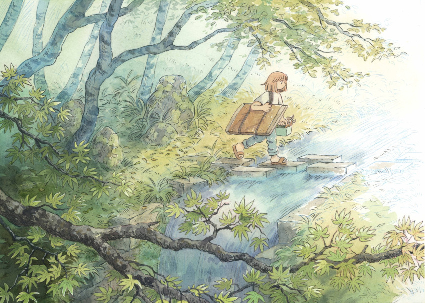 1girl, art_supplies, black_eyes, brown_footwear, brown_hair, canvas_(object), denim, forest