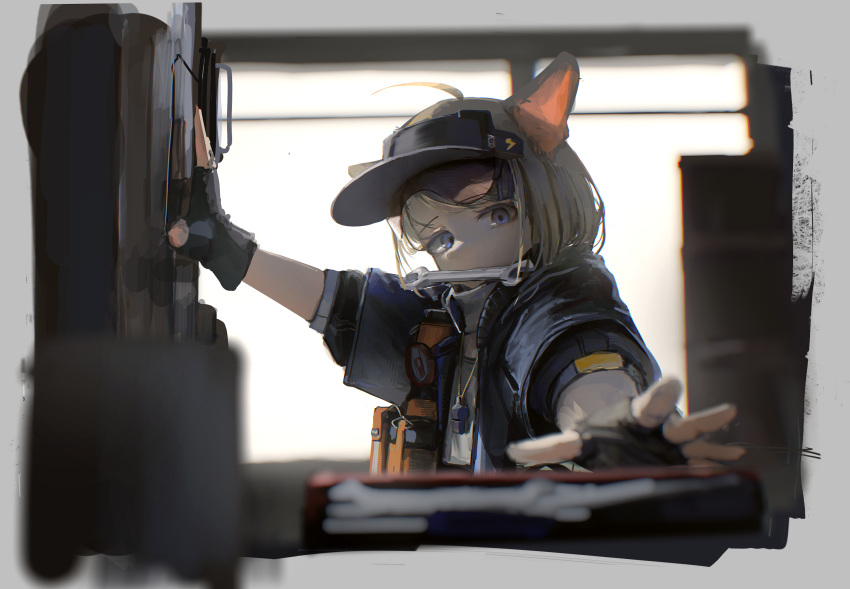 1girl, almond_(arknights), animal_ears, arknights, black_gloves, blue_eyes, blue_jacket, cat_ears
