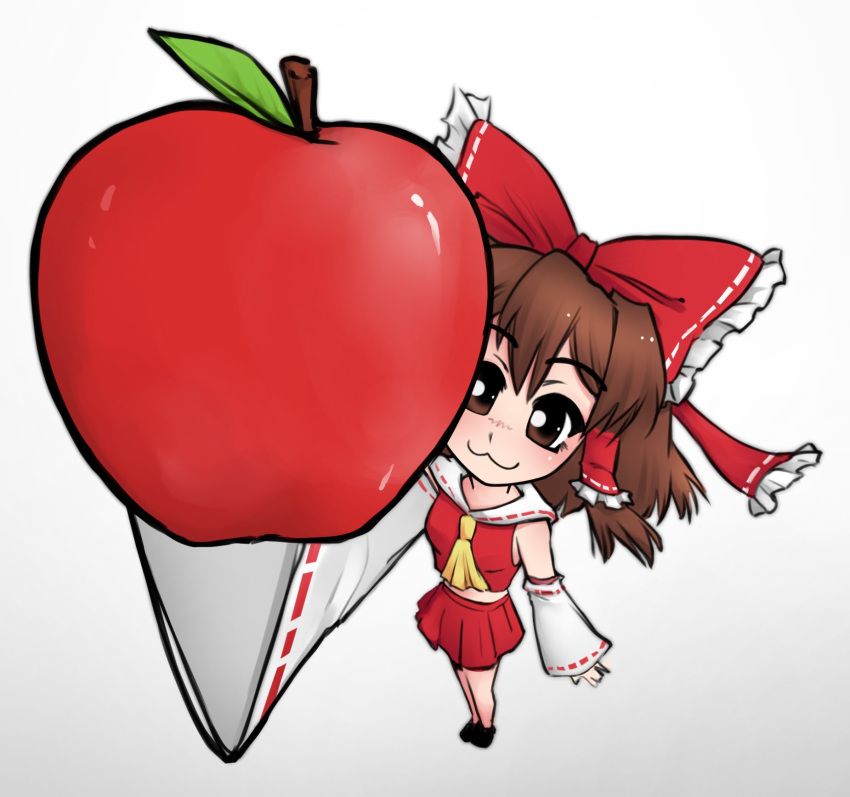 1girl, :3, apple, ascot, bow, brown_eyes, brown_hair, commentary