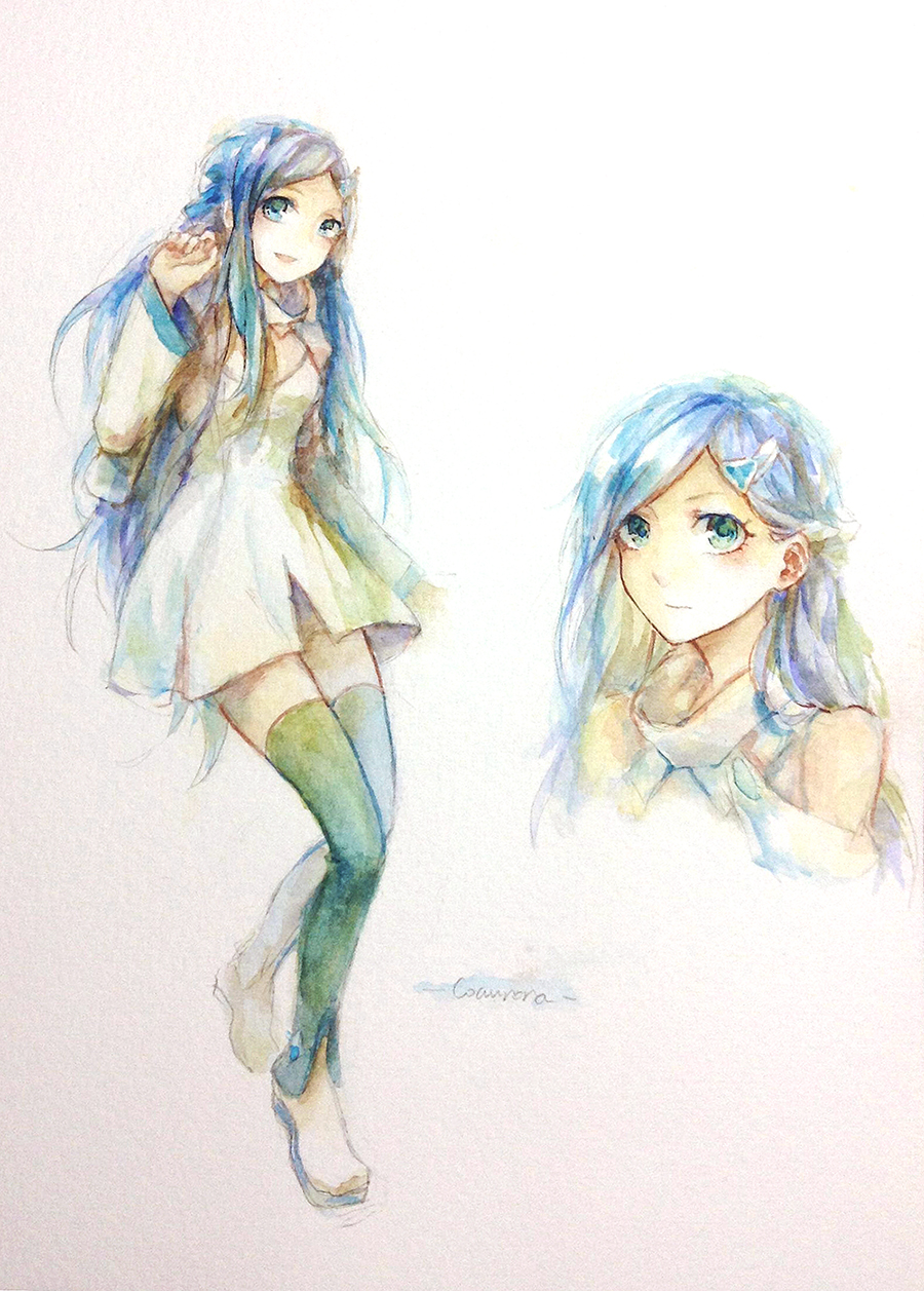 1girl, artist_name, bare_shoulders, black_thighhighs, blue_eyes, blue_hair, closed_mouth, clothing_cutout