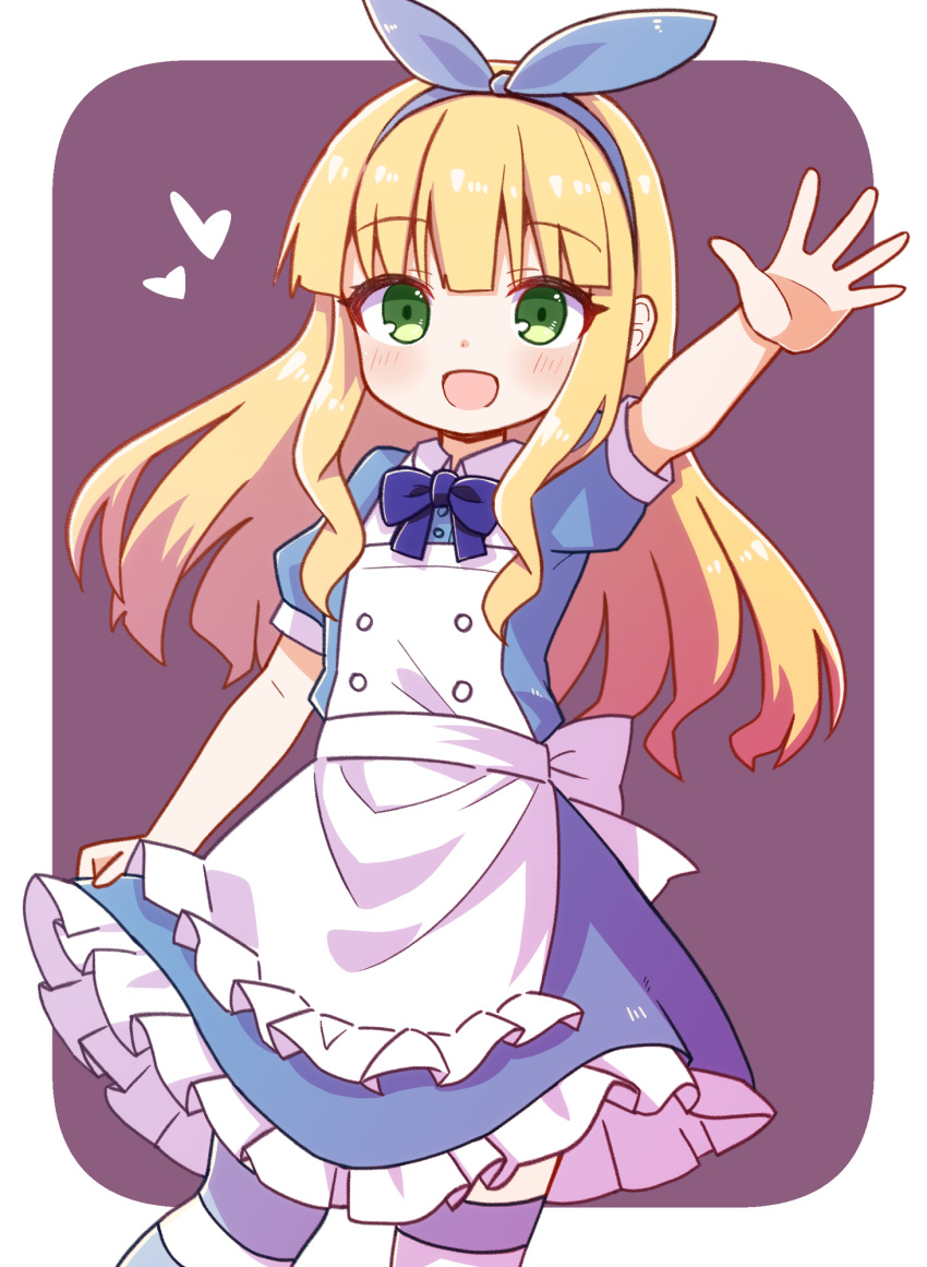 1girl, :d, alice_in_wonderland, apron, arm_up, blonde_hair, blue_bow, blue_dress