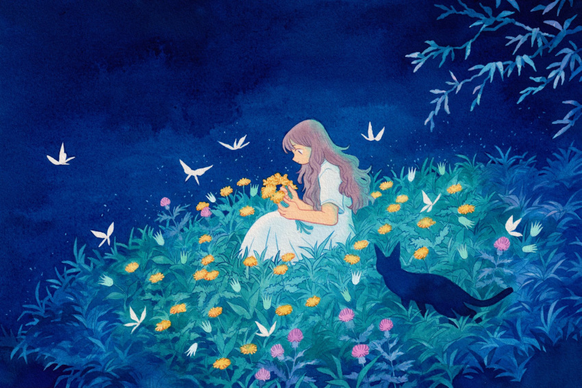 1girl, black_cat, blue_background, brown_hair, bug, butterfly, cat, dandelion