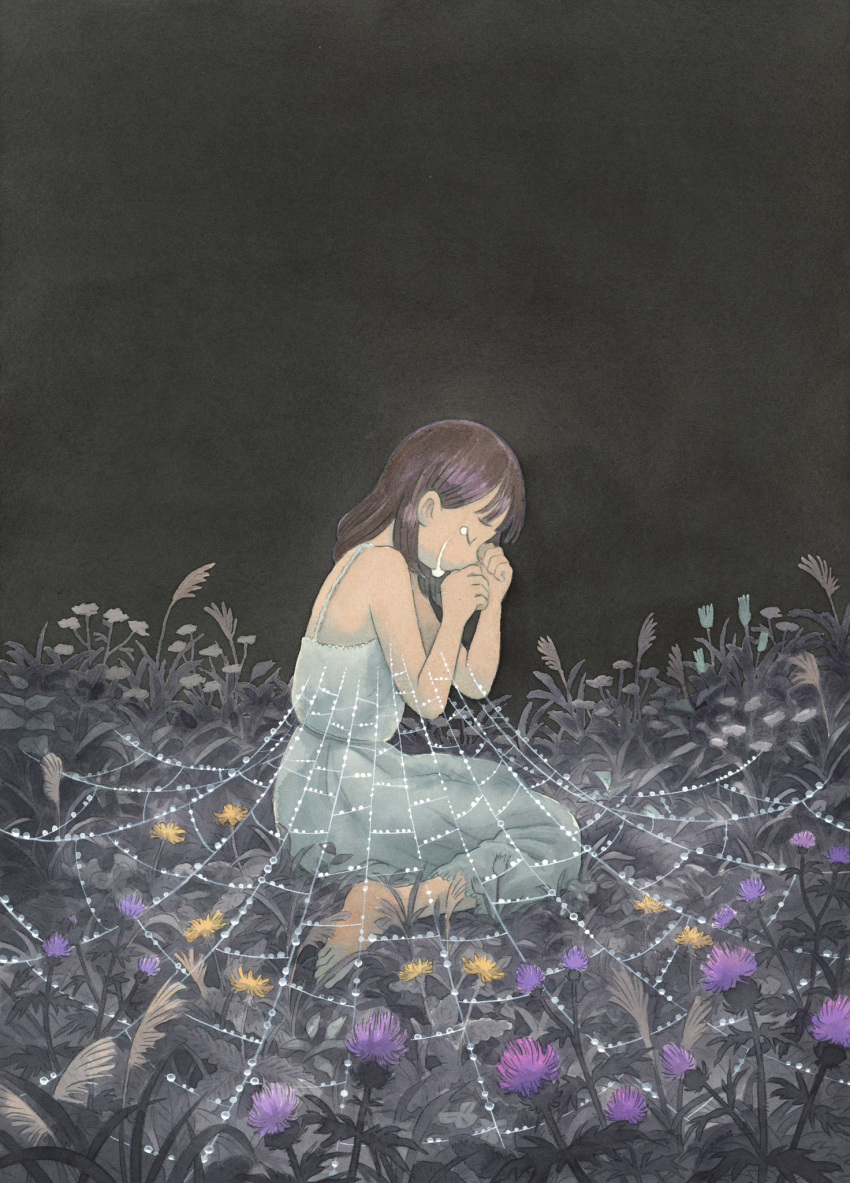 1girl, abstract_background, bare_shoulders, barefoot, black_background, brown_hair, closed_eyes, crying