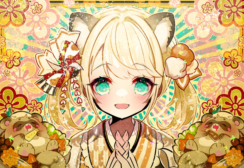 1girl, :d, alternate_costume, alternate_hairstyle, aqua_eyes, blonde_hair, bow, dot_nose