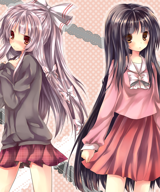 adapted_costume, alternate_costume, black_hair, blush, bow, contemporary, eikokudaisuki, fujiwara_no_mokou