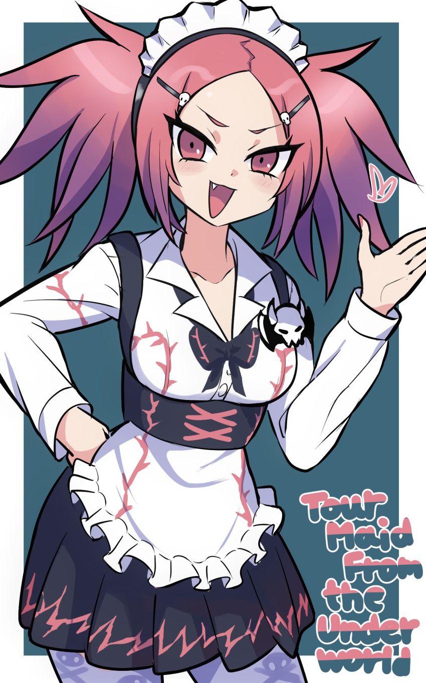 1girl, :d, apron, collarbone, dress, duel_monster, english_text, fang
