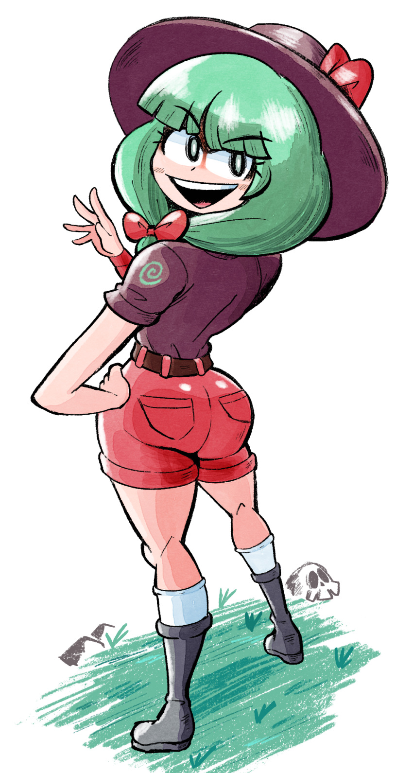 alternate_costume, ass, belt, black_footwear, boots, bow, green_eyes, green_hair