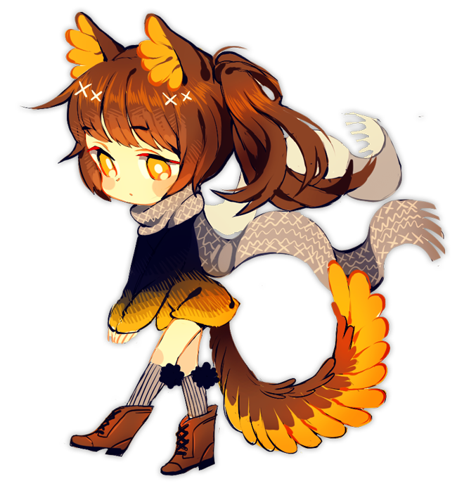 1girl, :o, adoptable, animal_ears, bird_tail, black_footwear, black_sleeves, black_sweater