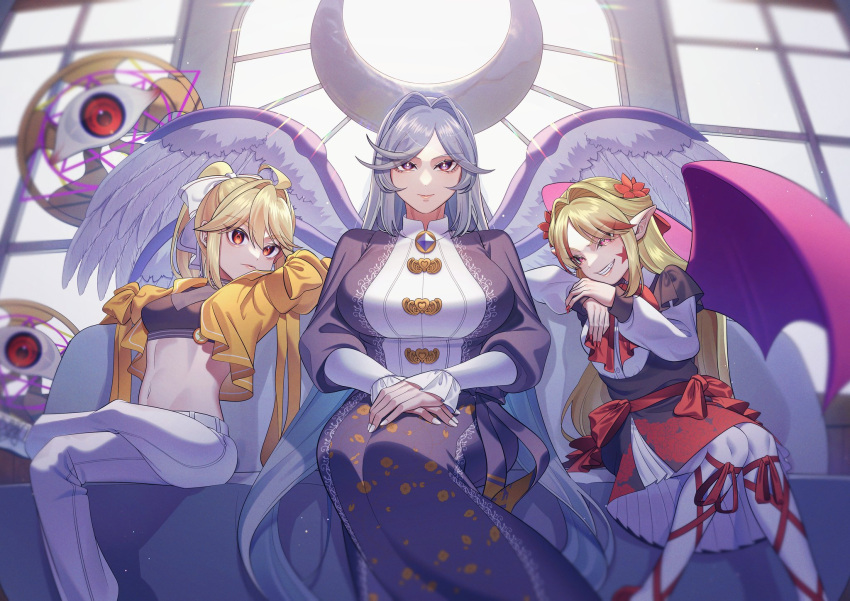 adapted_costume, alternate_costume, angel, angel_wings, bat_wings, black_dress, blonde_hair, blue_eyes