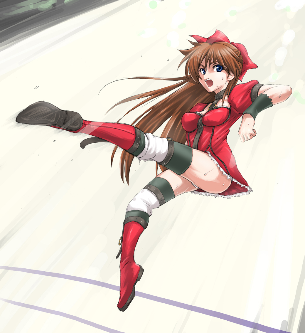 boots, bow, breasts, brown_hair, buchou_chinke, collar, dress, hair_ribbon