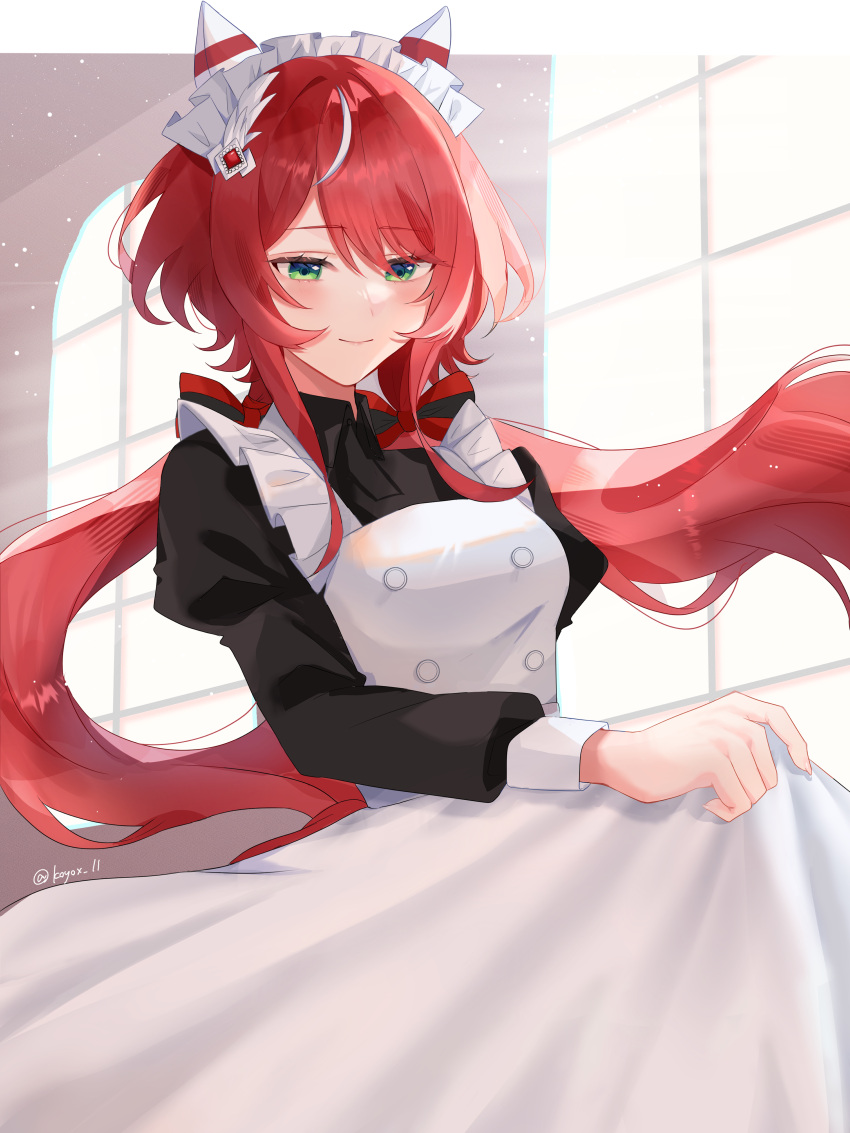1girl, absurdres, alternate_costume, animal_ears, apron, blush, breasts, buttons, closed_mouth, commentary_request, double-breasted, enmaided, green_eyes, hair_between_eyes, hair_ornament, highres, horse_ears, horse_girl, koyox_ll, long_hair, low_twintails, maid, maid_day, maid_headdress, medium_breasts, smile, solo, twintails, umamusume, win_variation_(umamusume), window
