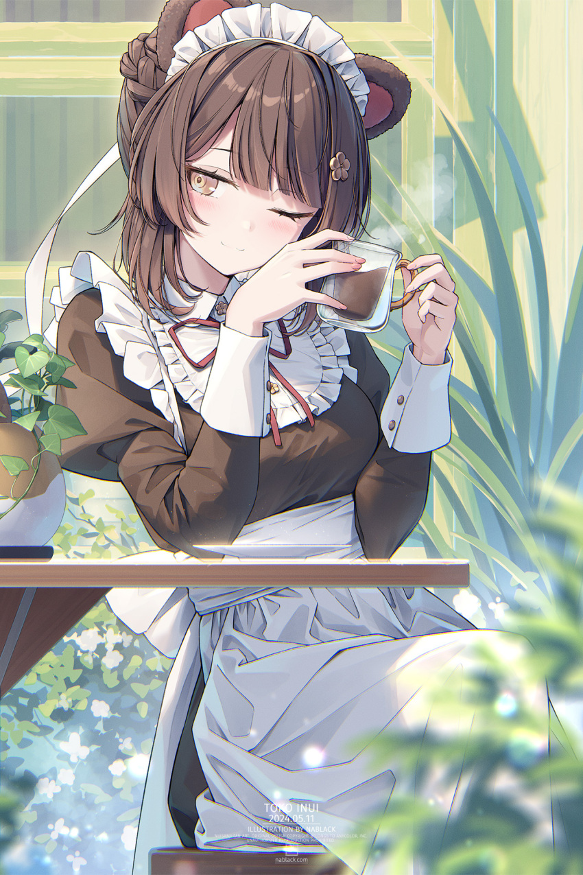 :3, animal_ears, apron, black_dress, blurry, blurry_foreground, braid, breasts