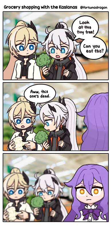 3girls, 3koma, blue_eyes, broccoli, cauliflower, comic, durandal_(honkai_impact), fortunadragon