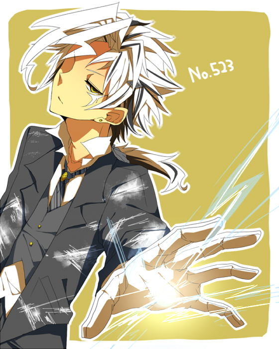 black_hair, bored, earring, gloves, lightning, moemon, multicolored_hair, open_mouth