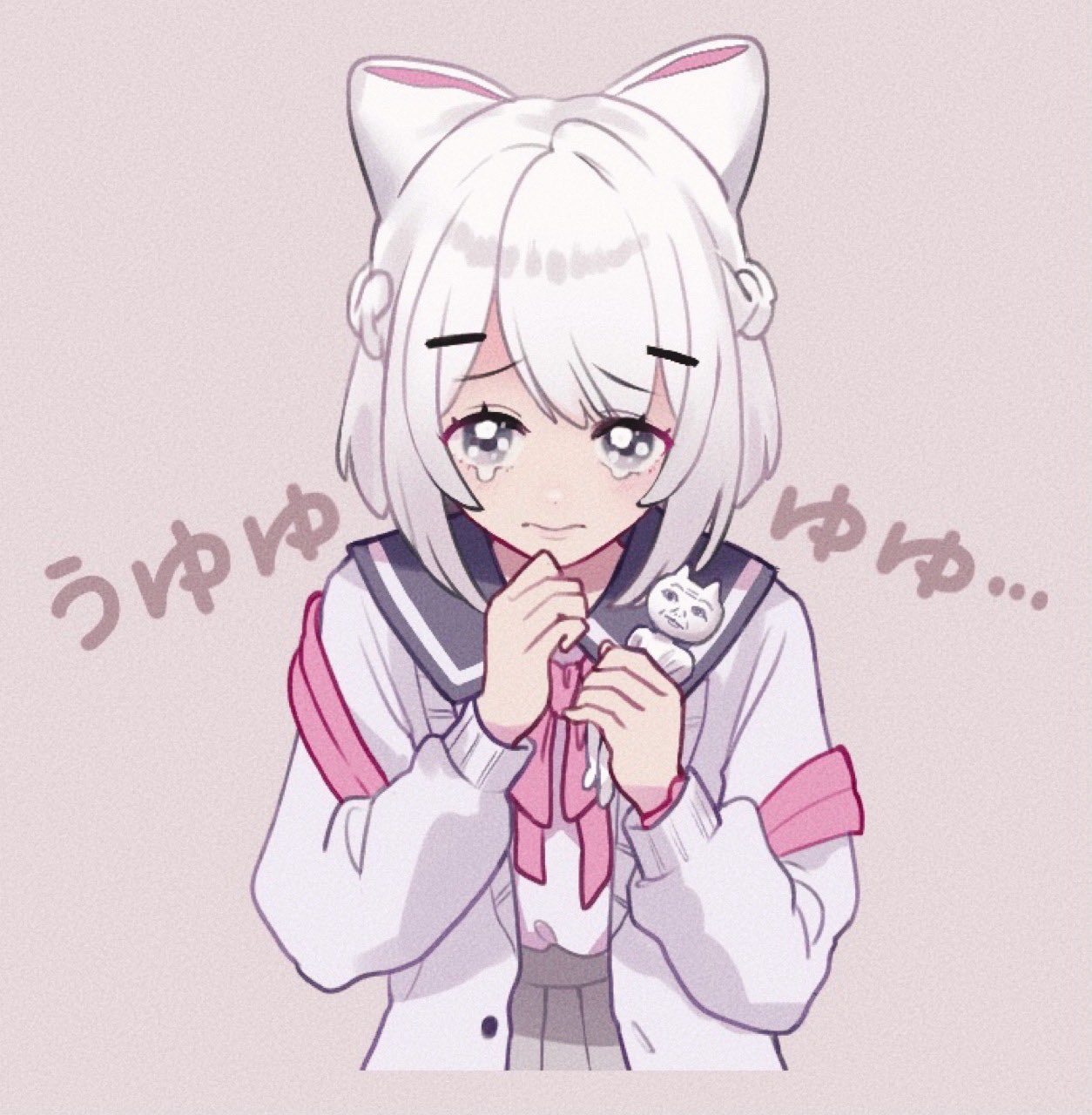 1girl, black_sailor_collar, bow, brown_background, cardigan, character_doll, closed_mouth, commentary_request