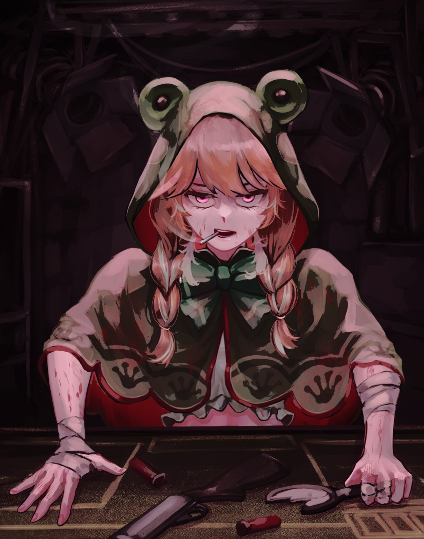1girl, absurdres, animal_hood, bandaged_arm, bandages, braid, buckshot_roulette, cigarette