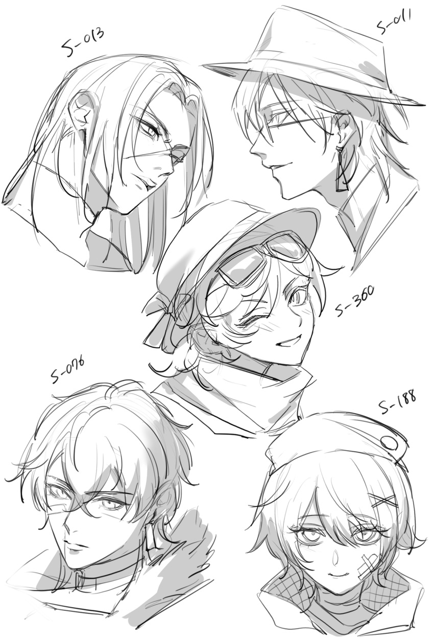 5boys, bandage_on_face, bandages, commentary_request, demon_(path_to_nowhere), earrings, eyewear_on_head, fedora