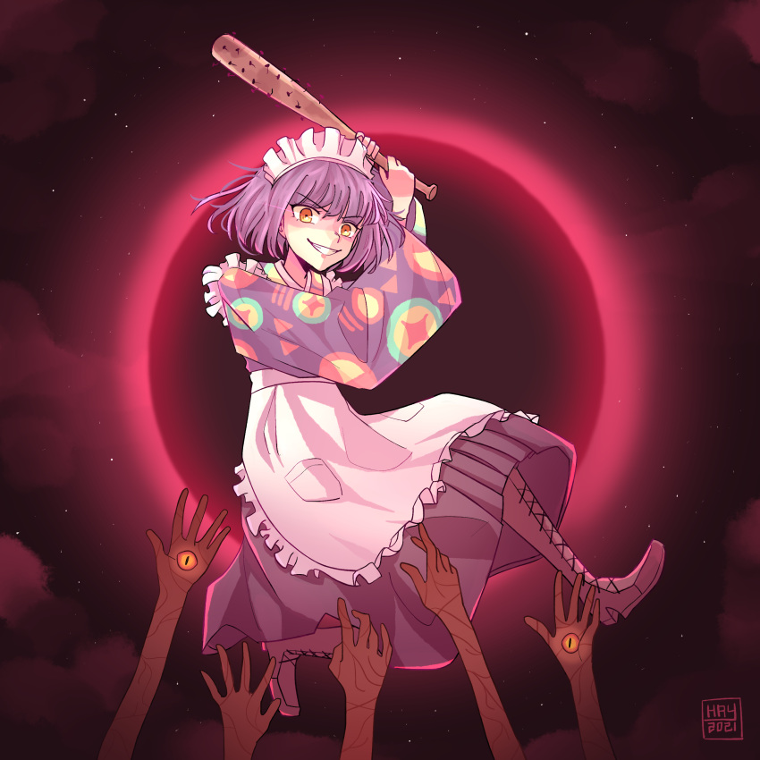 1girl, absurdres, apron, baseball_bat, boots, dated, english_commentary, grin