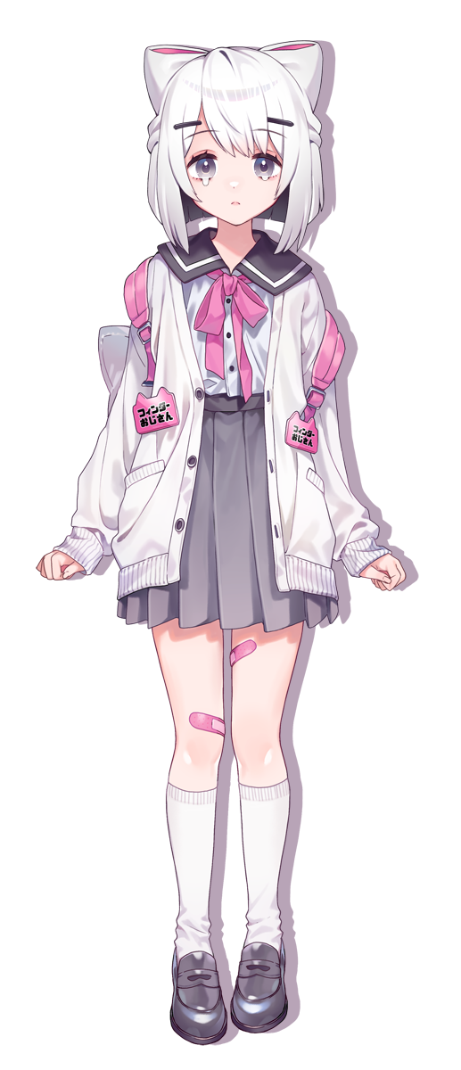 1girl, arms_at_sides, backpack, bag, bandaid, bandaid_on_leg, black_footwear, black_sailor_collar