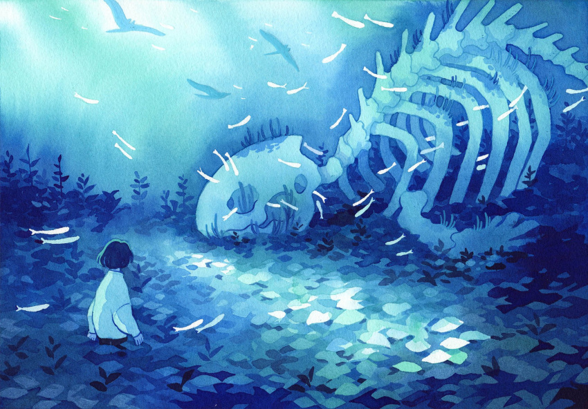 1girl, animal_skeleton, black_hair, blue_theme, bone, from_behind, giant_skeleton, heikala