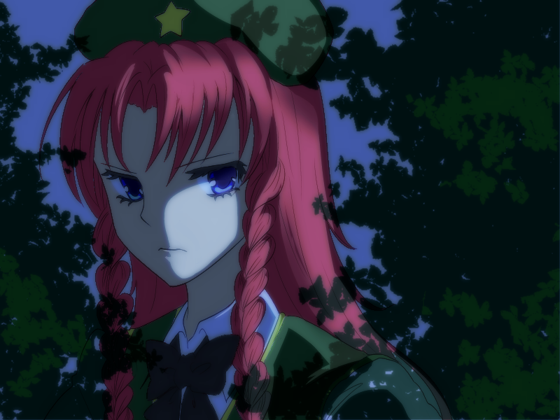 bad_id, blue_eyes, braid, dark, hat, hong_meiling, long_hair, misutiru18, red_hair, redhead, serious, shadow, solo, star, touhou, twin_braids