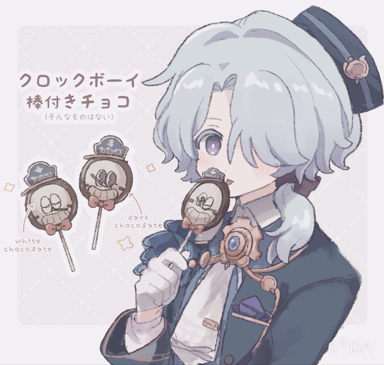 1boy, black_bow, black_coat, black_hat, blue_hair, blue_vest, bow, candy