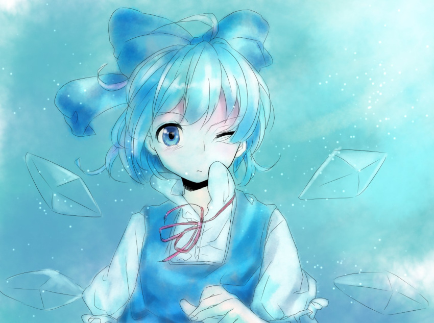 ahoge, blue_eyes, blue_hair, bow, bust, cirno, colored, dress, izumi1019, p_second, ribbon, short_hair, solo, touhou, wings, wink