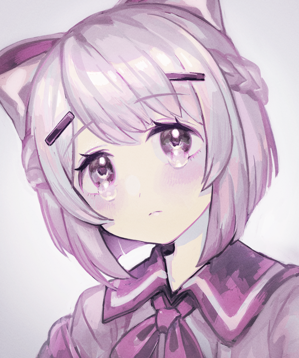1girl, blunt_ends, blush, bob_cut, bow, closed_mouth, commentary_request, frown
