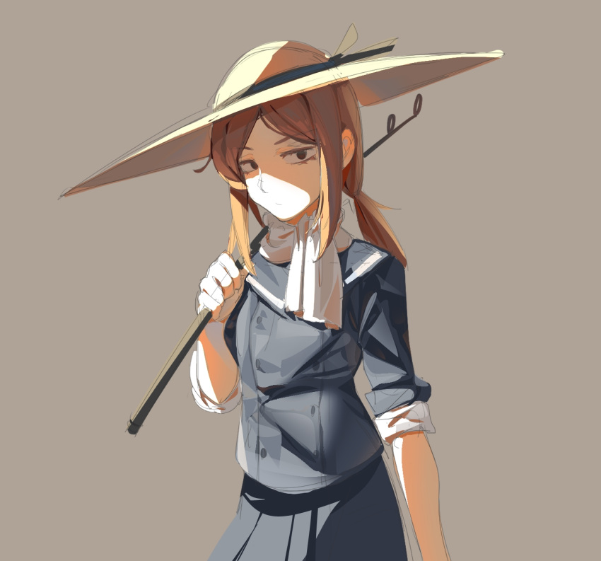 1girl, brown_hair, fishing_rod, grey_background, grey_sailor_collar, grey_shirt, hat, hat_ribbon