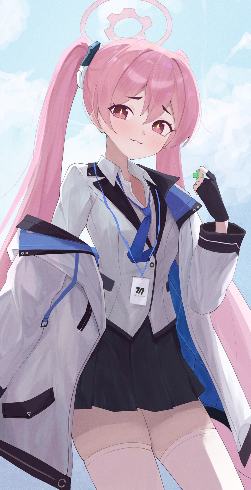 1girl, absurdres, black_gloves, black_skirt, blue_archive, blue_necktie, blush, closed_mouth