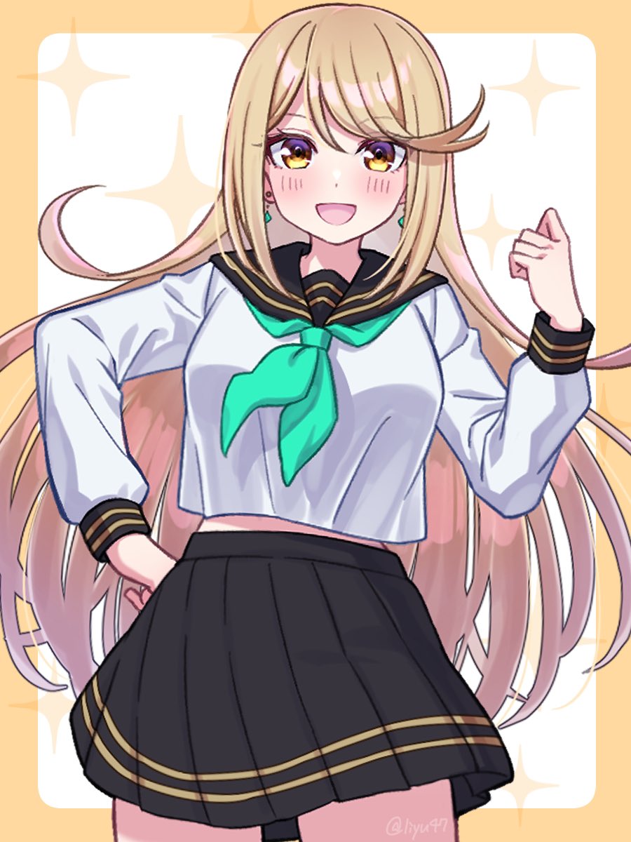 1girl, :d, alternate_costume, black_sailor_collar, black_skirt, blonde_hair, blue_neckerchief, blush