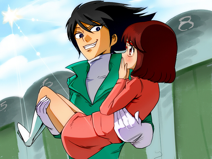 1boy, 1girl, black_eyes, black_hair, blue_sky, blush, brown_hair, carrying