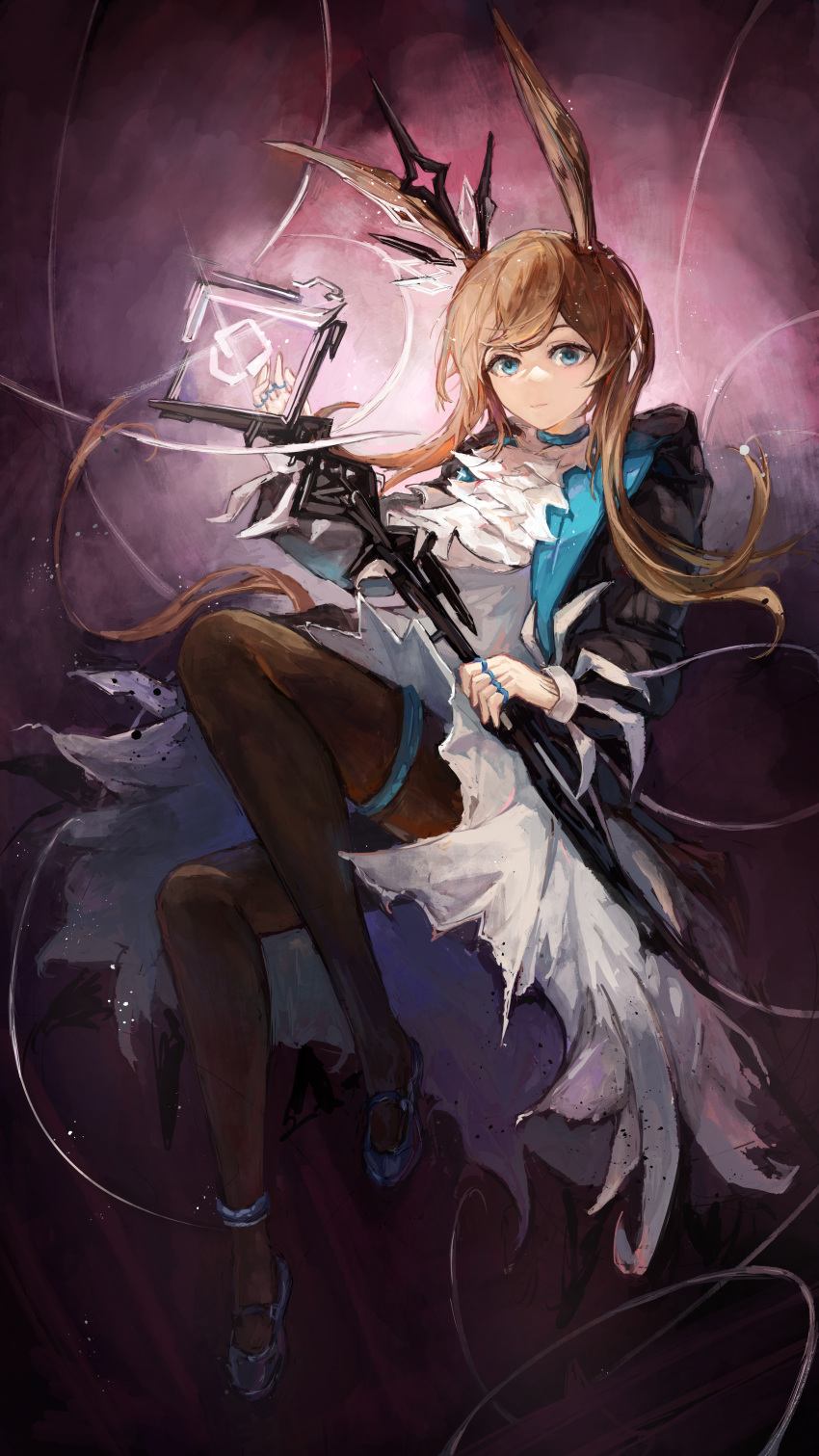 1girl, absurdres, amiya_(arknights), amiya_(medic)_(arknights), animal_ears, ankle_strap, arknights, ascot