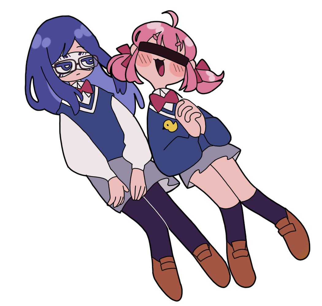 2girls, :3, ahoge, aruko_okara, bar_censor, black_pantyhose, black_socks, blue_eyes, blue_hair, blue_sweater, blue_sweater_vest, blush, bow, bowtie, brown_footwear, censored, closed_mouth, covered_eyes, domino_mask, facing_viewer, glasses, grey_skirt, hair_ribbon, hands_up, head_tilt, hikimayu, identity_censor, indie_virtual_youtuber, jbs0, jitome, kneehighs, loafers, long_hair, long_sleeves, looking_at_another, mask, medium_hair, multiple_girls, open_mouth, own_hands_clasped, own_hands_together, pantyhose, pink_hair, red_bow, red_bowtie, red_ribbon, ribbon, school_uniform, shirt, shoes, short_twintails, side-by-side, simple_background, skirt, smile, socks, sweater, sweater_vest, tokumei_radio, twintails, v-shaped_eyebrows, virtual_youtuber, white_background, white_shirt, zanko
