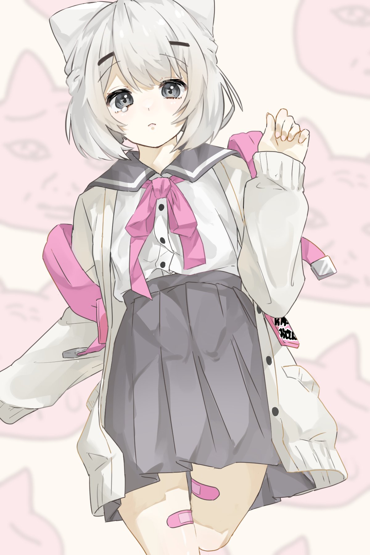 1girl, bandaid, bandaid_on_leg, black_eyes, blurry, blurry_background, bob_cut, bow