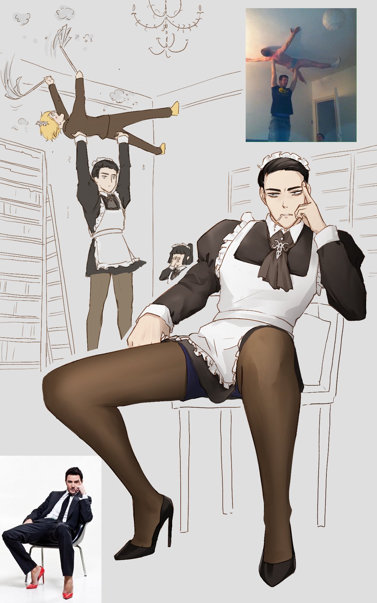 1boy, alternate_costume, apron, arachnidlegs, black_dress, black_hair, black_pantyhose, carrying, carrying_overhead, carrying_person, cleaning, closed_mouth, crossdressing, dress, enmaided, frilled_apron, frilled_dress, frills, high_heels, highres, long_sleeves, maid, maid_apron, maid_day, maid_headdress, male_focus, male_maid, meursault_(project_moon), pantyhose, photo_inset, project_moon, puffy_sleeves, reference_inset, sitting, spread_legs, strong, unamused, white_apron, wrist_cuffs