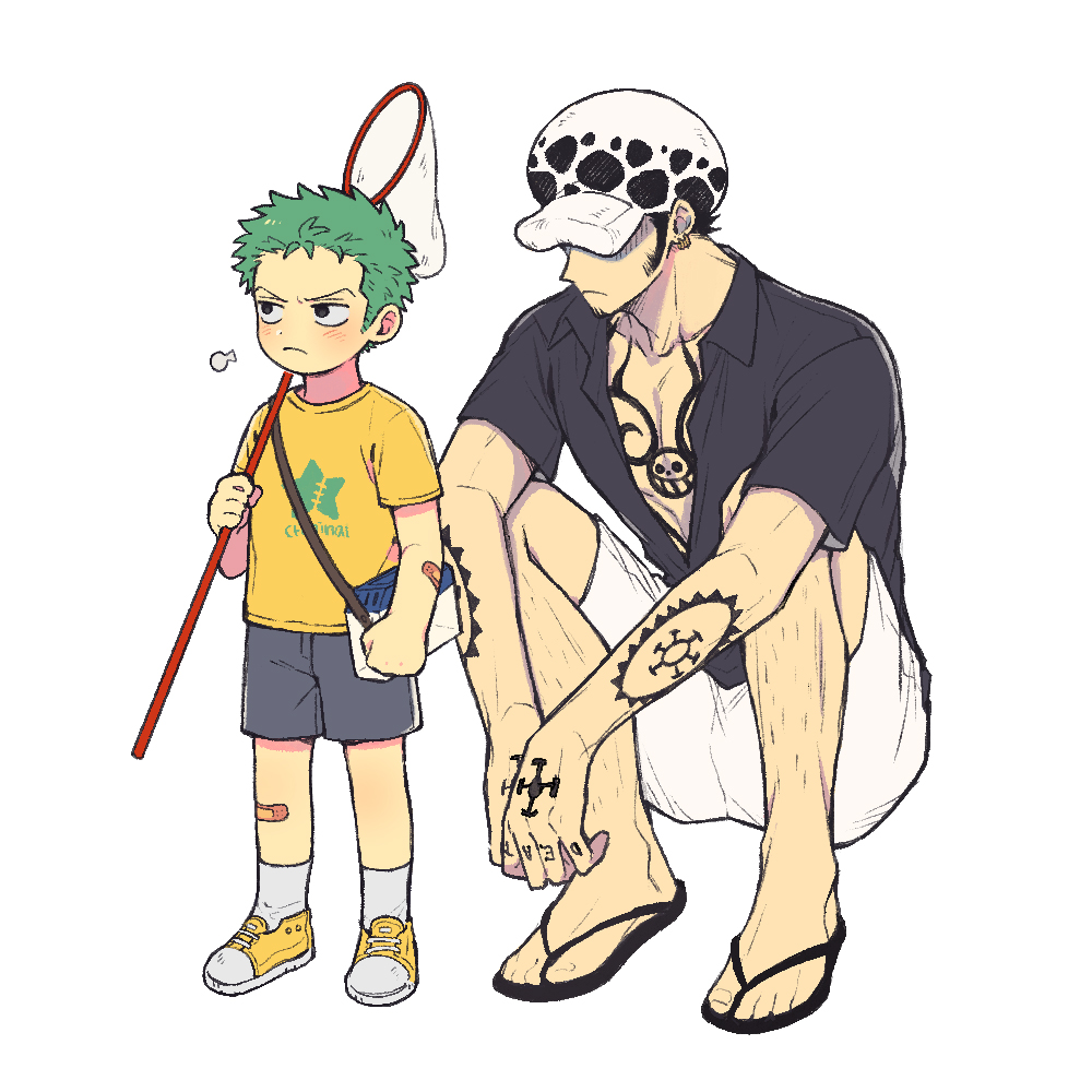 2boys, aged_down, arm_tattoo, bandaid, bandaid_on_knee, bandaid_on_leg, black_shirt, bug_box, butterfly_net, chest_tattoo, child, closed_mouth, facial_hair, full_body, goatee, green_hair, grey_shorts, hand_net, hand_tattoo, hat, holding, holding_butterfly_net, leg_hair, long_sideburns, male_focus, multiple_boys, one_piece, roronoa_zoro, sandals, shirt, shoes, short_sleeves, shorts, sideburns, sneakers, socks, tattoo, toenails, tong_noe, trafalgar_law, white_hat, white_shorts, white_socks, yellow_footwear, yellow_shirt