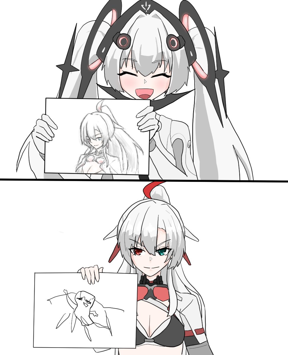 2girls, alpha_(punishing:_gray_raven), black_bra, blue_eyes, bodysuit, bra, closed_eyes, commentary_request