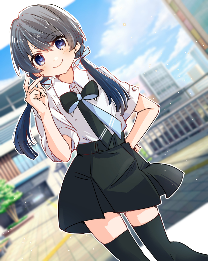 1girl, black_bow, black_bowtie, black_hair, black_skirt, black_thighhighs, blue_eyes, blue_sky