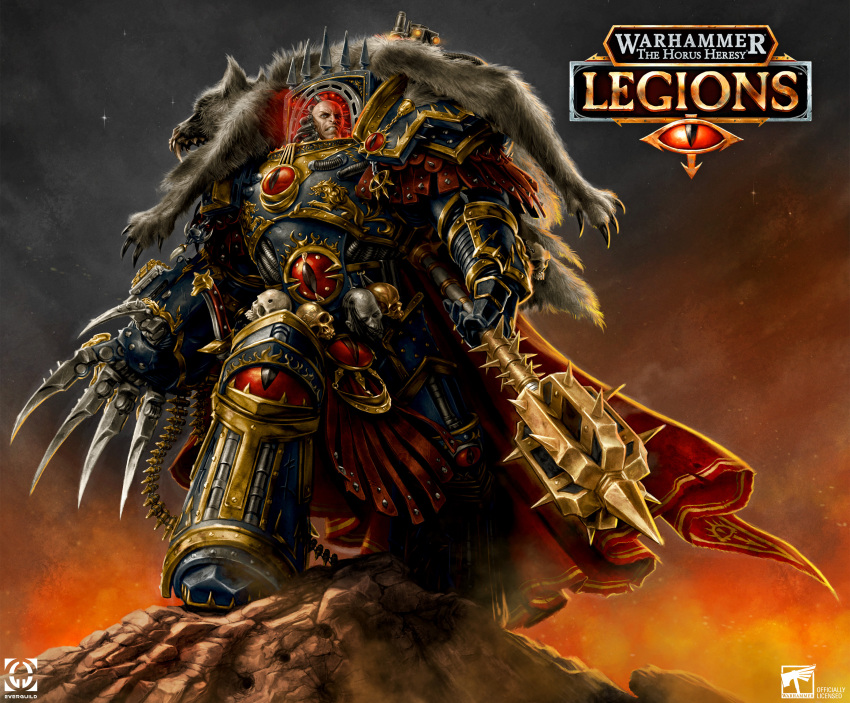 1boy, absurdres, ammunition_belt, armor, armored_boots, black_armor, black_legion, boots, breastplate, chaos_(warhammer), clawed_gauntlets, commentary, copyright_notice, couter, cuirass, english_commentary, eye_of_horus, eye_of_horus_(warhammer), eyes_of_horus_(warhammer_40k), full_armor, gauntlets, gem, greaves, highres, holding, holding_weapon, horus_lupercal, israel_llona, leg_armor, looking_at_viewer, mace, male_focus, ornate_armor, pauldrons, pelt, pelvic_curtain, poleyn, power_armor, primarch, red_gemstone, rerebrace, sheath, sheathed, shoulder_armor, skull, skull_ornament, solo, spiked_mace, spikes, terminator_armor, the_serpent's_scales_(warhammer), tube, warhammer_40k, weapon, wolf_pelt, worldbreaker_(warhammer_40k)