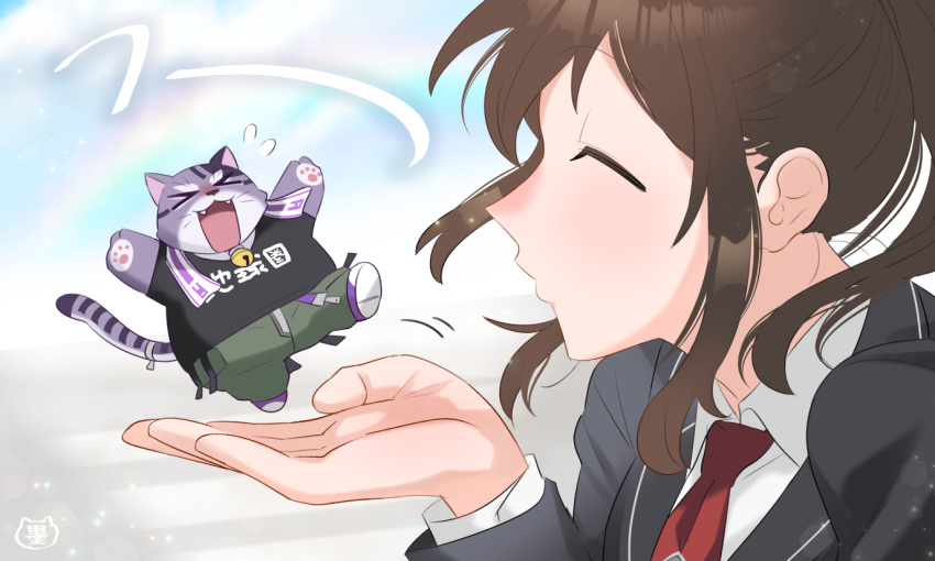 >_<, 1boy, 1girl, animal_ears, arms_up, bell, black_shirt, brown_hair, bygul_(live_a_hero), cargo_pants, cat_boy, cat_ears, cat_tail, chibi, closed_eyes, fang, fangs, fat, fat_man, female_protagonist_(live_a_hero), furry, furry_male, grey_jacket, hip_strap, in_palm, jacket, live_a_hero, medium_bangs, neck_bell, necktie, open_mouth, pants, parted_hair, pawpads, ponytail, profile, red_necktie, ribbon, shirt, signature, striped_fur, sumi_wo_hakuneko, tail, tail_ornament, tail_ribbon, whiskers, white_shirt