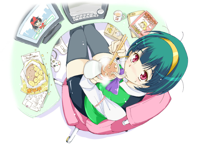 black_legwear, black_thighhighs, chopsticks, computer, cup, cup_ramen, from_above, green_hair