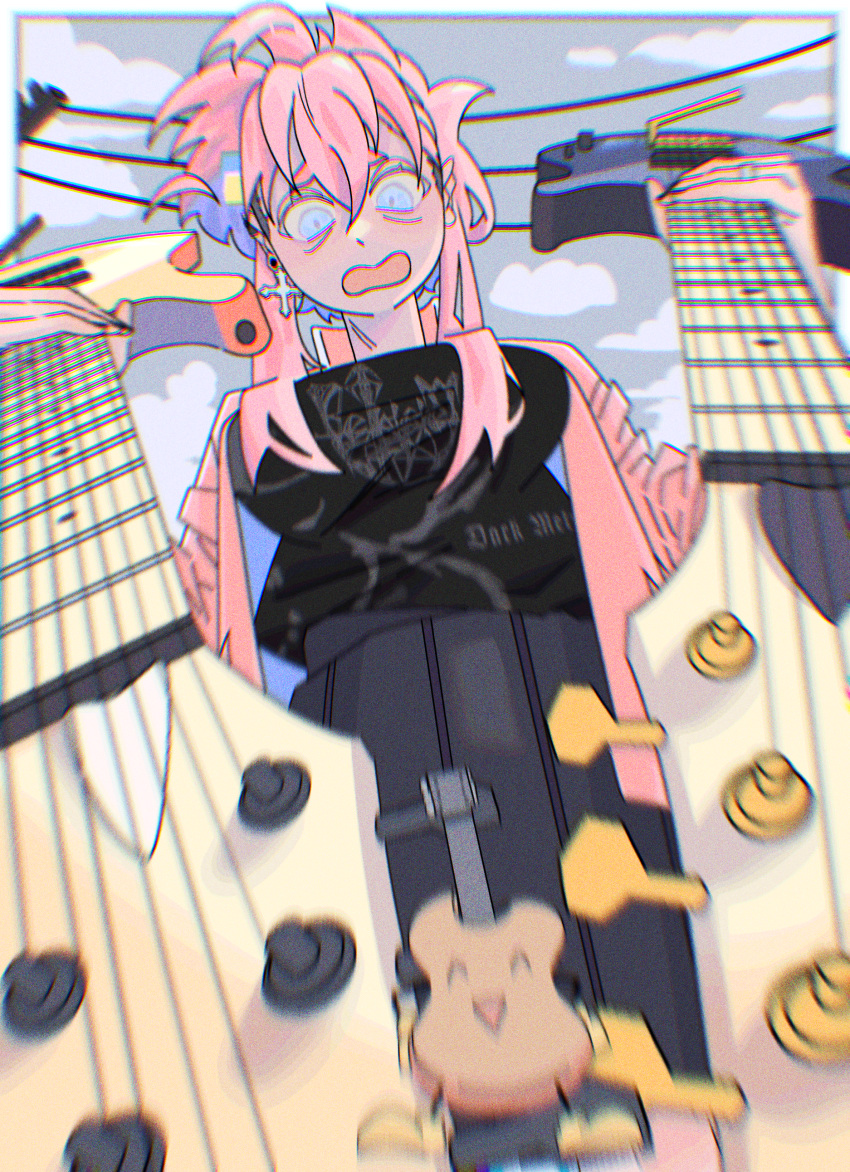 1girl, absurdres, black_shirt, blue_eyes, blurry, bocchi_the_rock!, clouds, commentary_request