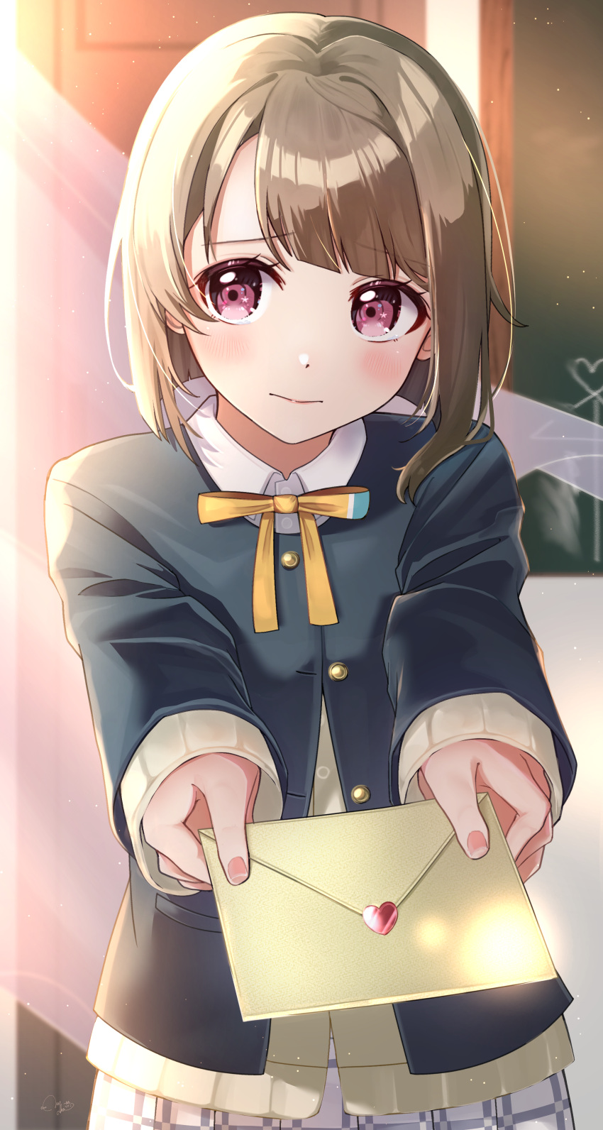 1girl, absurdres, asymmetrical_hair, black_jacket, blazer, blush, brown_hair, closed_mouth