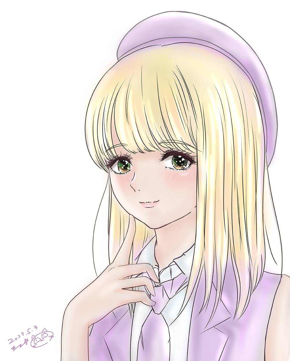 1girl, blonde_hair, dated, fth-0529_(malty), green_eyes, highres, index_finger_raised, lipstick