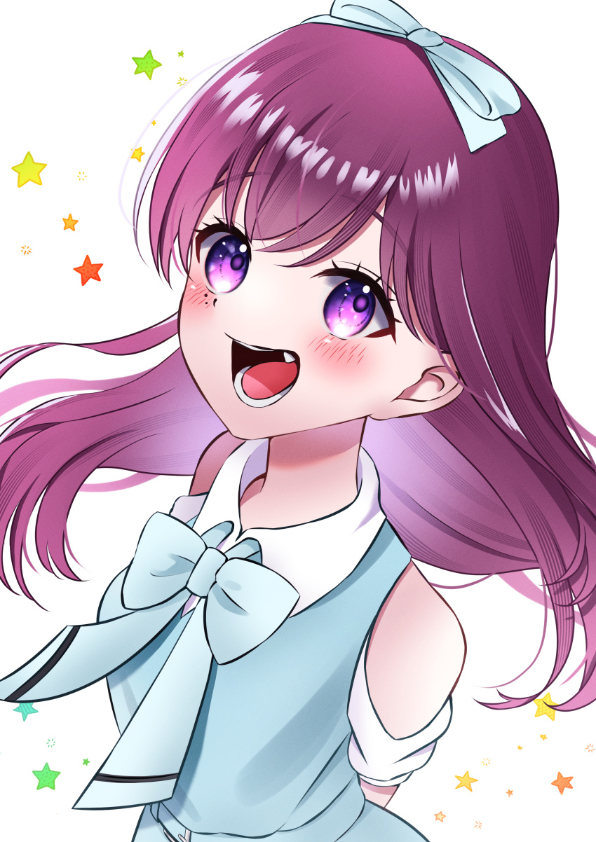 1girl, :d, a_cari_nae, absurdres, arms_behind_back, blue_ribbon, blush, bow