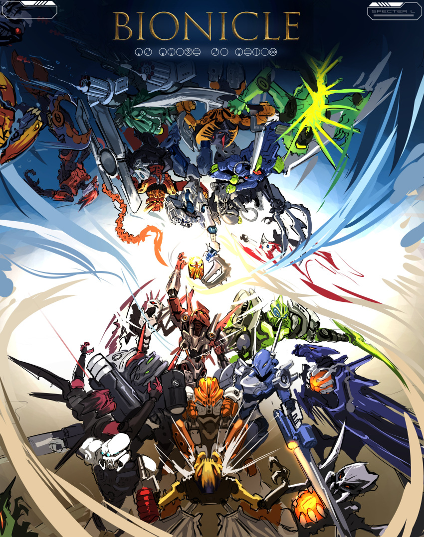 3girls, 6+boys, absurdres, antroz_(bionicle), armor, barraki_(bionicle), biomechanical, bionicle, bitil_(bionicle), blue_eyes, carapar_(bionicle), chirox_(bionicle), claws, ehlek_(bionicle), gali_(bionicle), gorast_(bionicle), green_eyes, hahli_(bionicle), hewkii_(bionicle), highres, holding, holding_sword, holding_weapon, jaller_(bionicle), kalmah_(bionicle), kanohi_(bionicle), kongu_(bionicle), kopaka_(bionicle), krika_(bionicle), lewa_(bionicle), mantax_(bionicle), mask, matoro_(bionicle), multiple_boys, multiple_girls, nuparu_(bionicle), onua_(bionicle), pohatu_(bionicle), pridak_(bionicle), red_eyes, shield, shoulder_armor, specter_l, spine, sword, tahu_(bionicle), takadox_(bionicle), the_lego_group, vamprah_(bionicle), water, weapon
